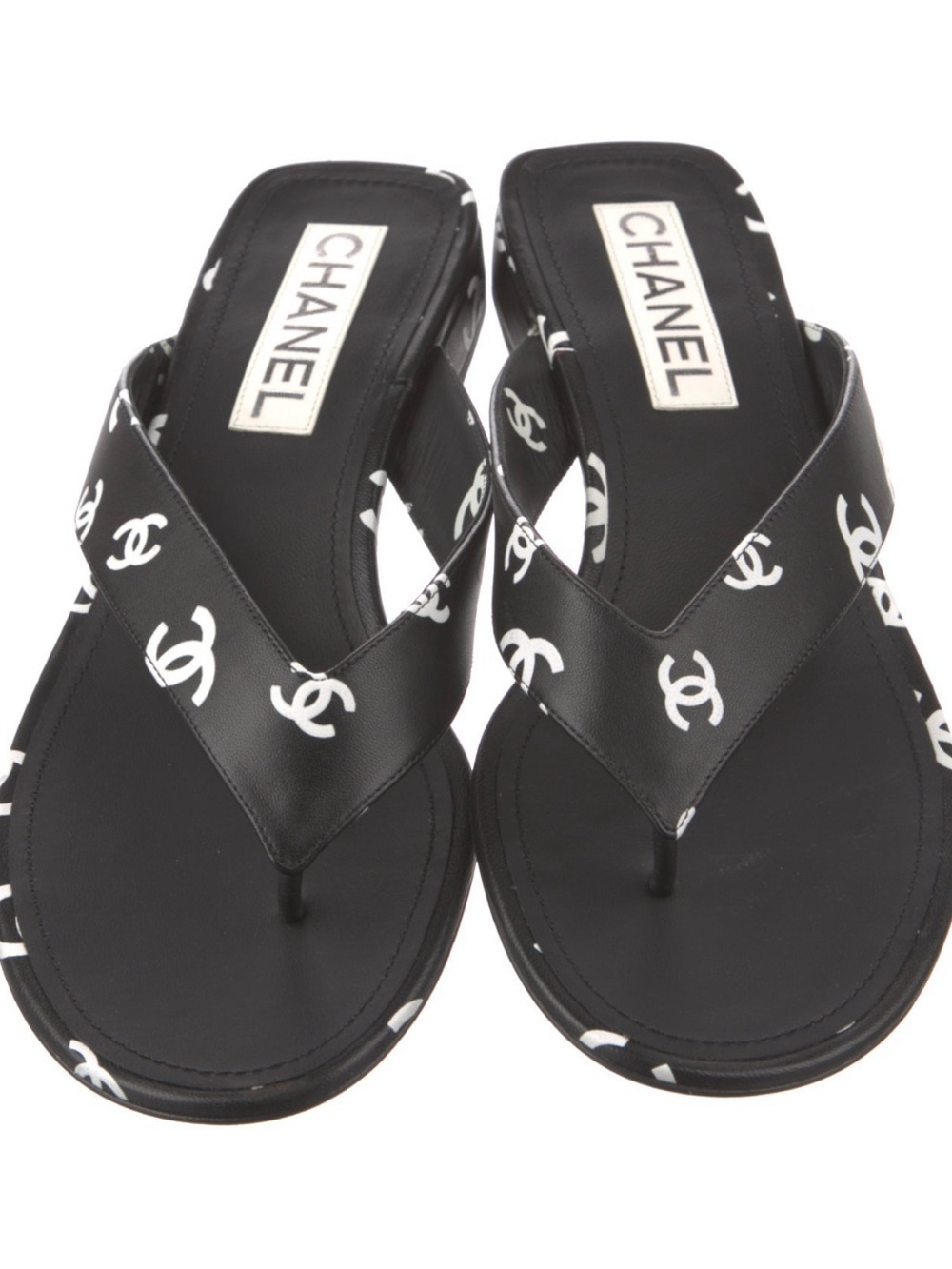 CHANEL Black and White Logo Thong Sandals